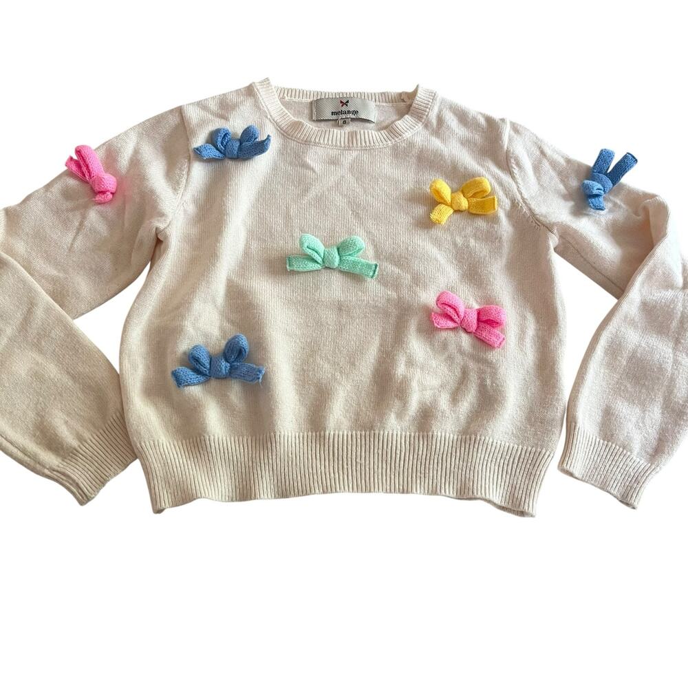 MELANGE Girls Ecru Cream Bow Appliqué Sweater Size 8 Soft Girl Cottagecore